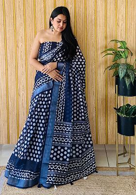 Deep Blue Printed Linen Saree Set