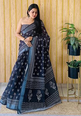 Deep Blue Printed Linen Saree Set