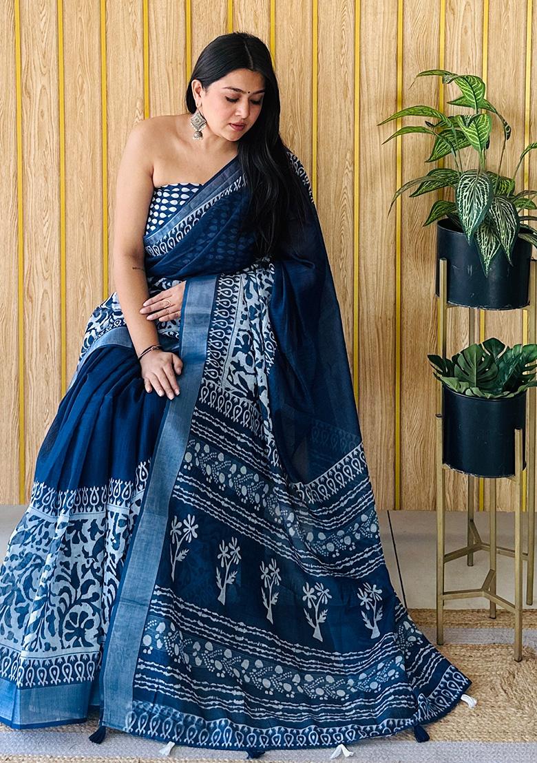Navy Blue  Printed Linen Saree Set