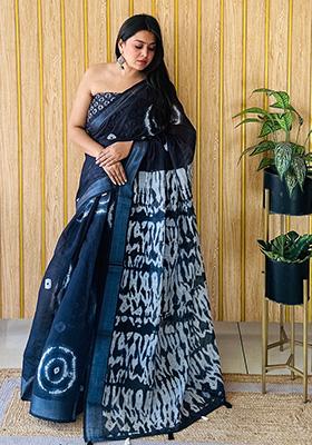 Navy Blue  Printed Linen Saree Set