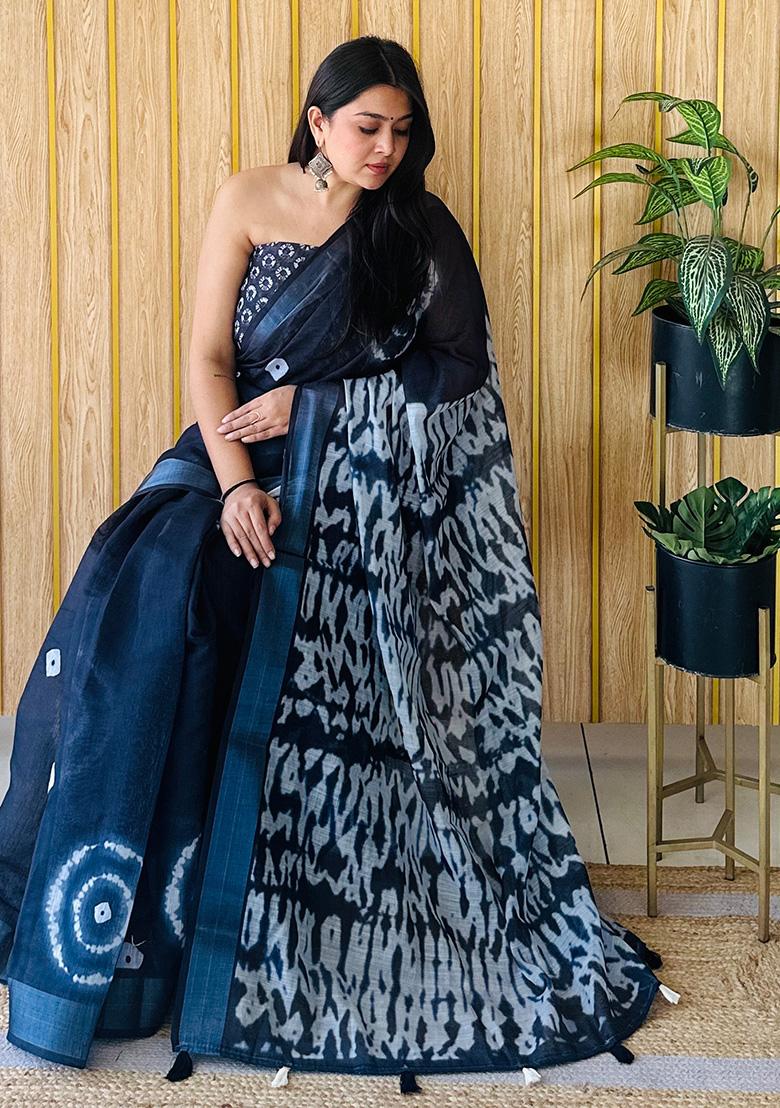 Navy Blue  Printed Linen Saree Set
