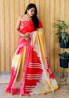 Off White Printed Linen Saree Set