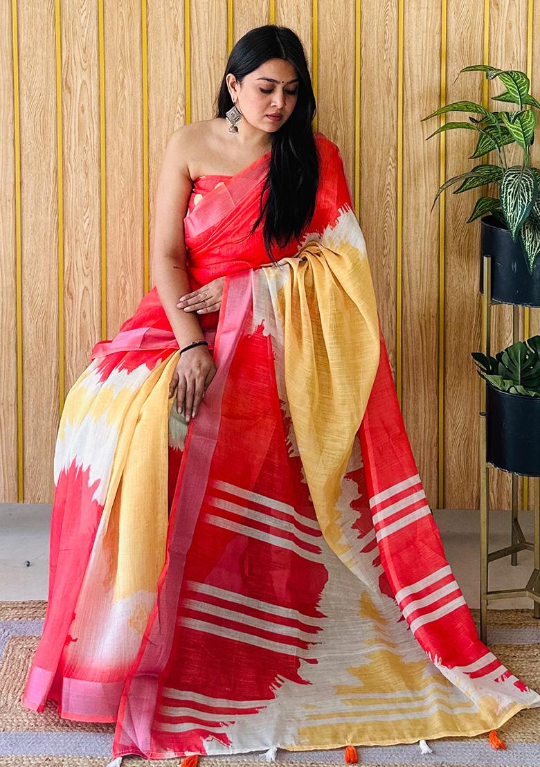 Off White Printed Linen Saree Set