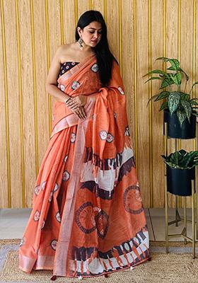 Orange Printed Linen Saree Set