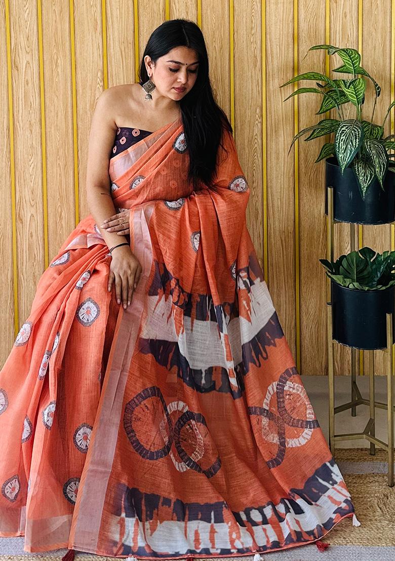 Orange Printed Linen Saree Set