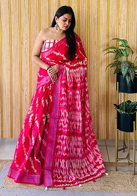 Pink Printed Linen Saree Set