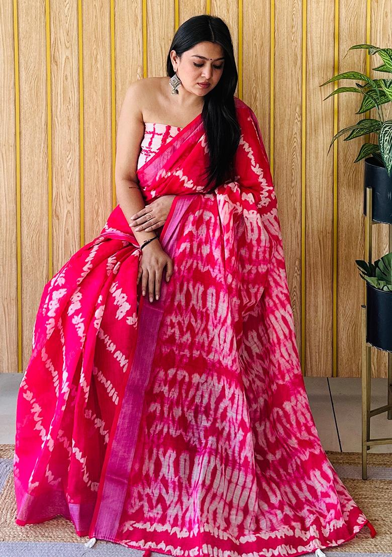 Pink Printed Linen Saree Set