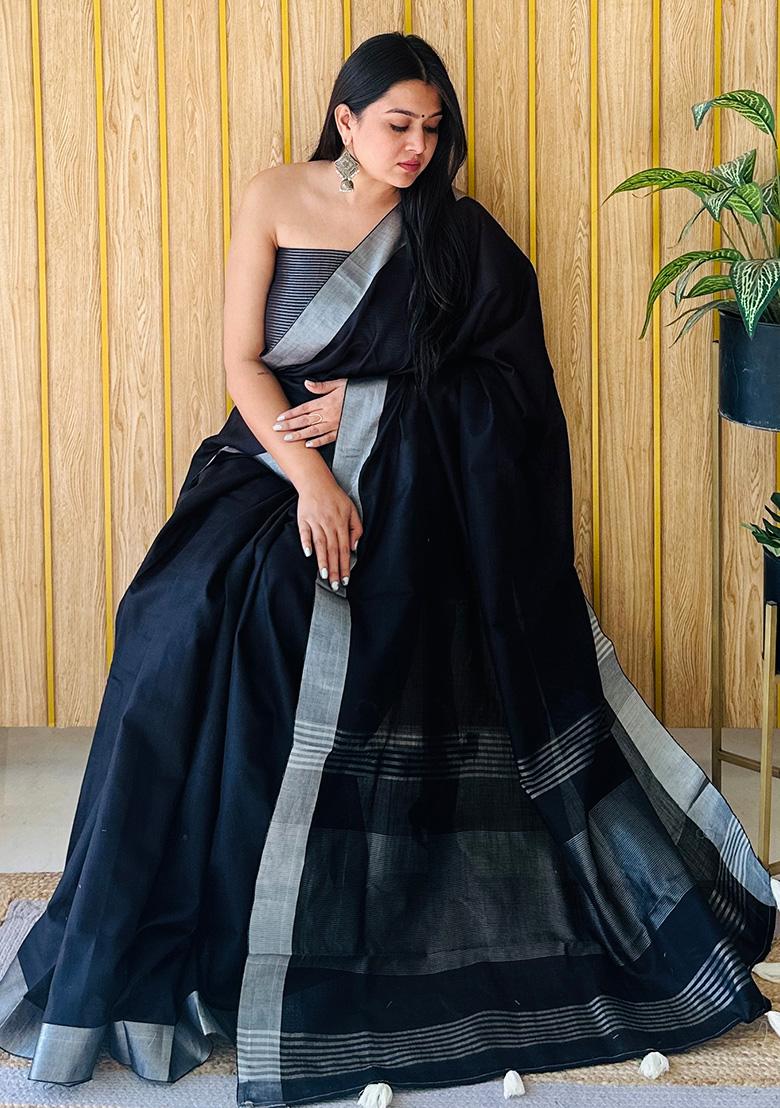 Black Weaving Linen Saree Set