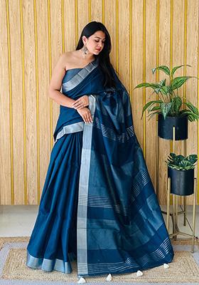 Deep Blue Weaving Linen Saree Set