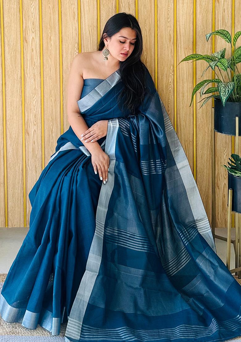 Deep Blue Weaving Linen Saree Set