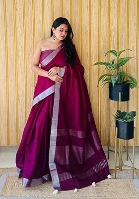 Magenta Weaving Linen Saree Set