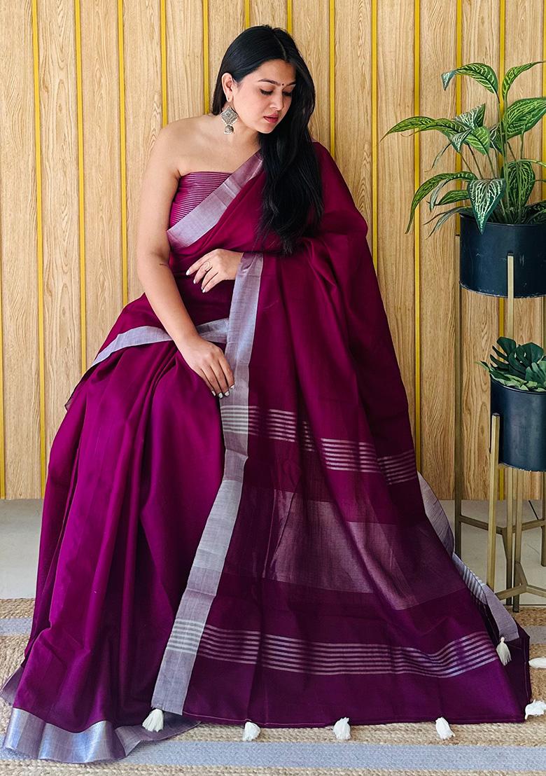 Magenta Weaving Linen Saree Set