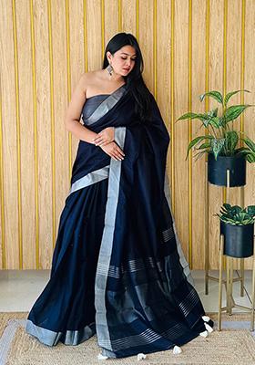 Navy Blue  Weaving Linen Saree Set