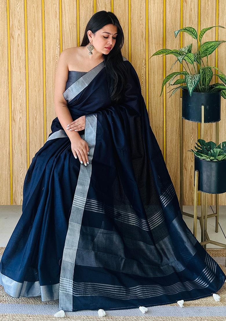 Navy Blue  Weaving Linen Saree Set