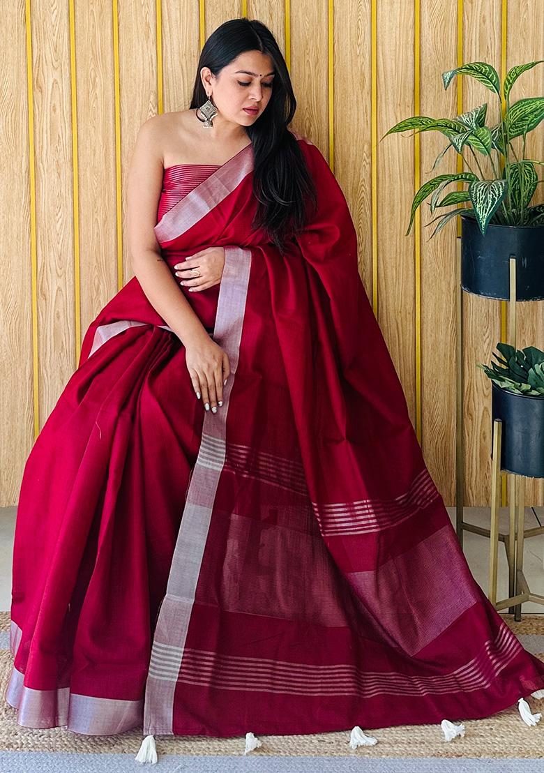 Red Weaving Linen Saree Set