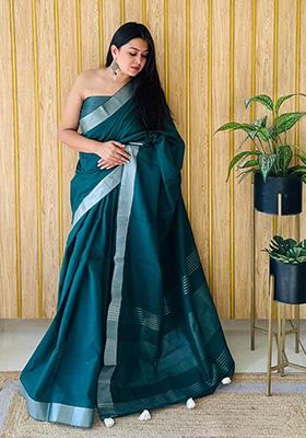 Teal Weaving Linen Saree Set