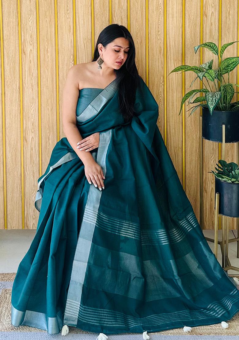 Teal Weaving Linen Saree Set