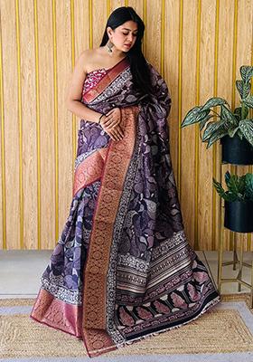 Dark Brown Printed Silk Saree Set
