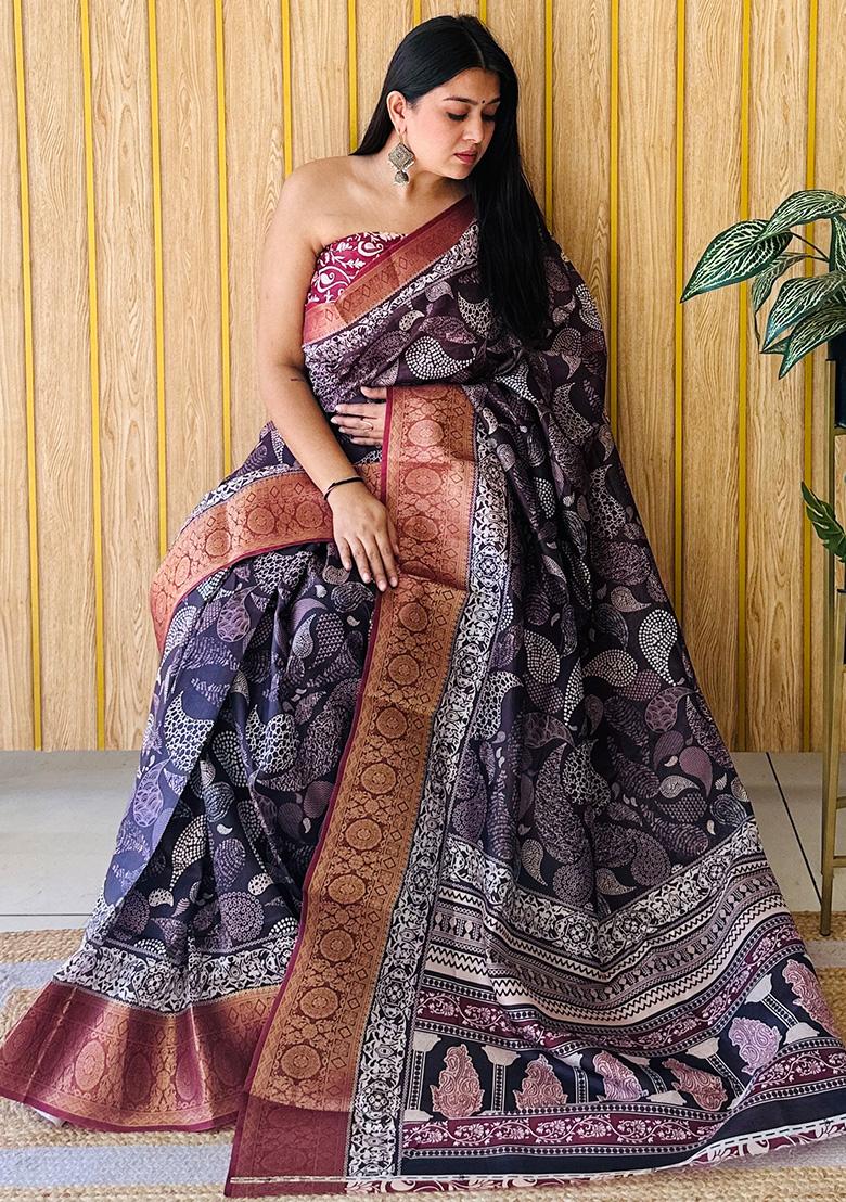 Dark Brown Printed Silk Saree Set