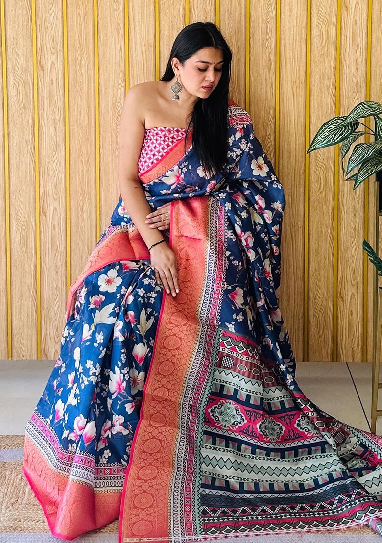 Navy Blue  Printed Silk Saree Set