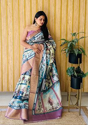 Off White Printed Silk Saree Set