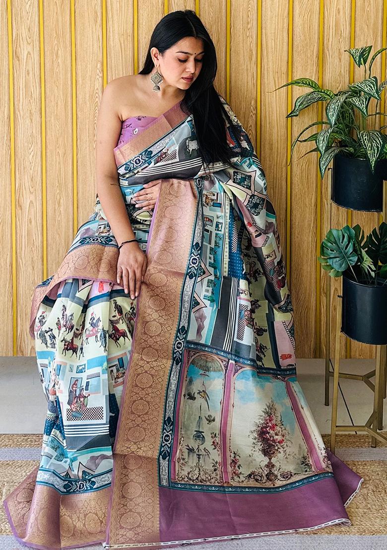 Off White Printed Silk Saree Set