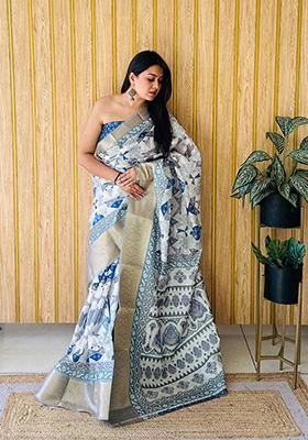 Off White Printed Silk Saree Set