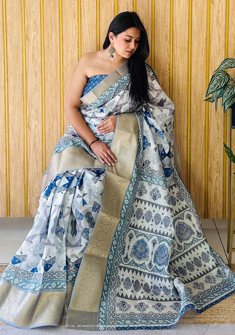Off White Printed Silk Saree Set