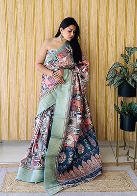 Peach  Printed Silk Saree Set