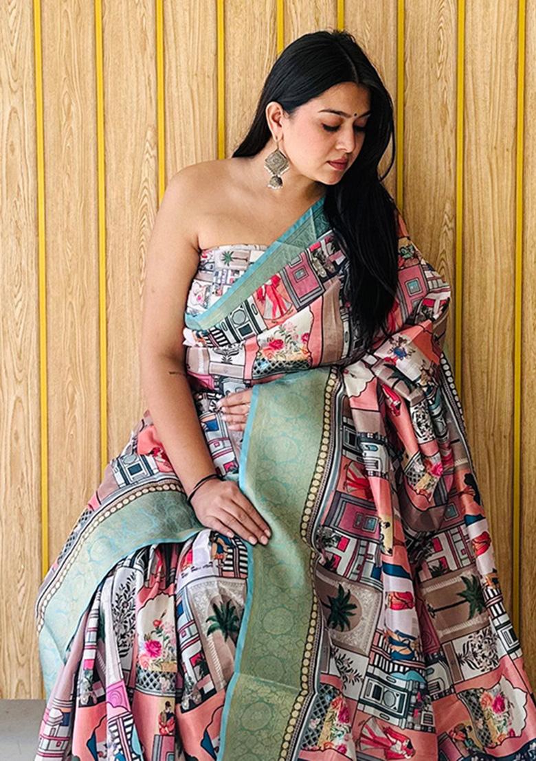 Peach  Printed Silk Saree Set