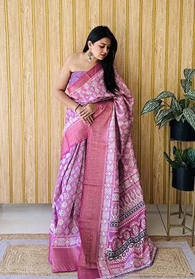 Pink Printed Silk Saree Set