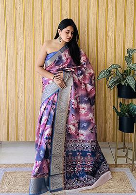 Pink Printed Silk Saree Set