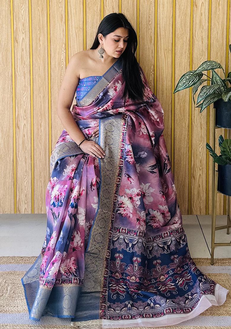 Pink Printed Silk Saree Set