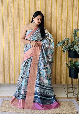 Sky Blue Printed Silk Saree Set