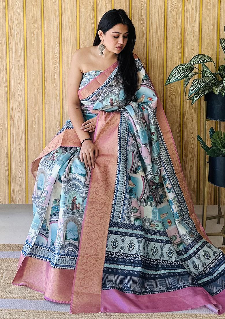Sky Blue Printed Silk Saree Set