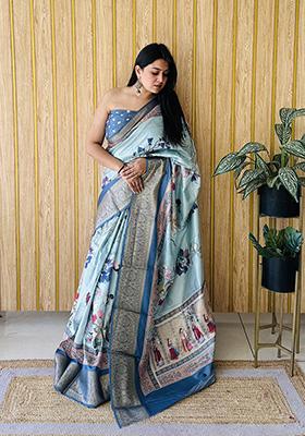 Sky Blue Printed Silk Saree Set