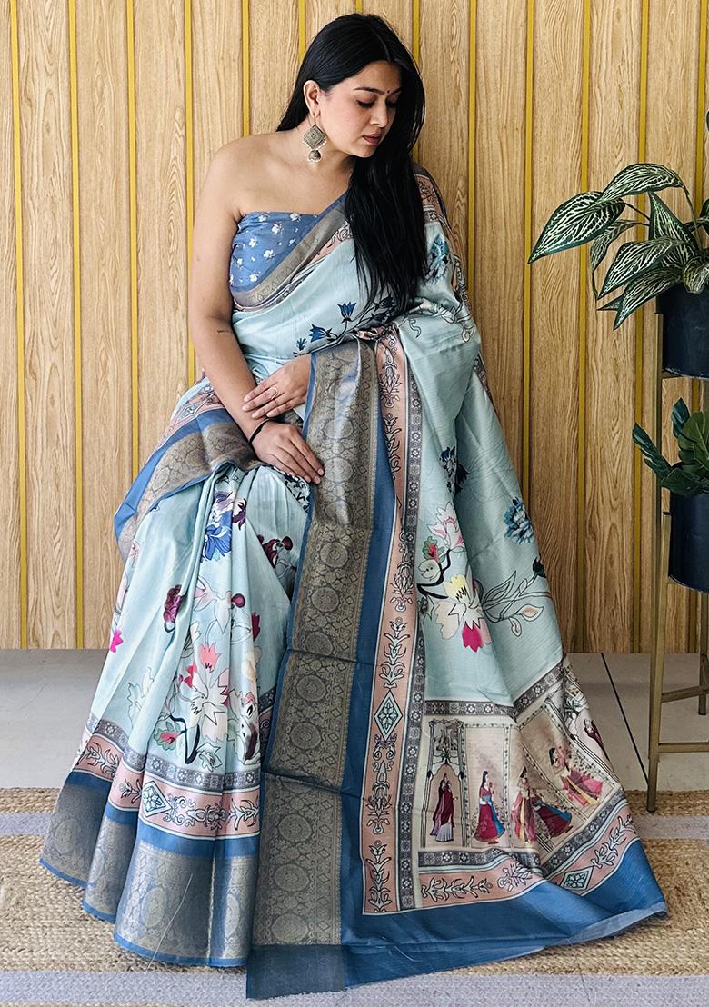 Sky Blue Printed Silk Saree Set