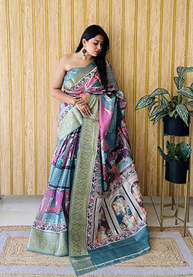 Sky Blue Printed Silk Saree Set