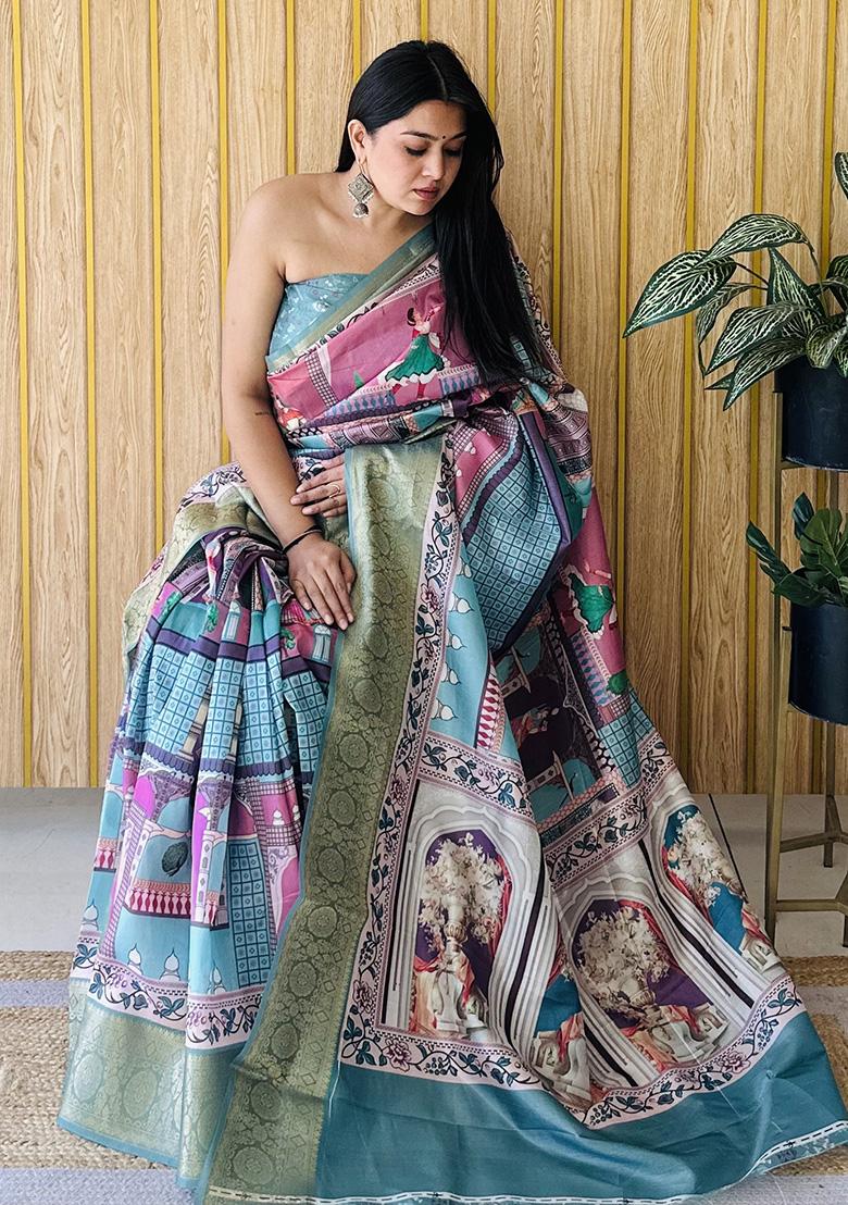 Sky Blue Printed Silk Saree Set