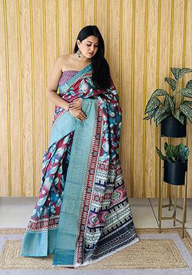 Sky Blue Printed Silk Saree Set