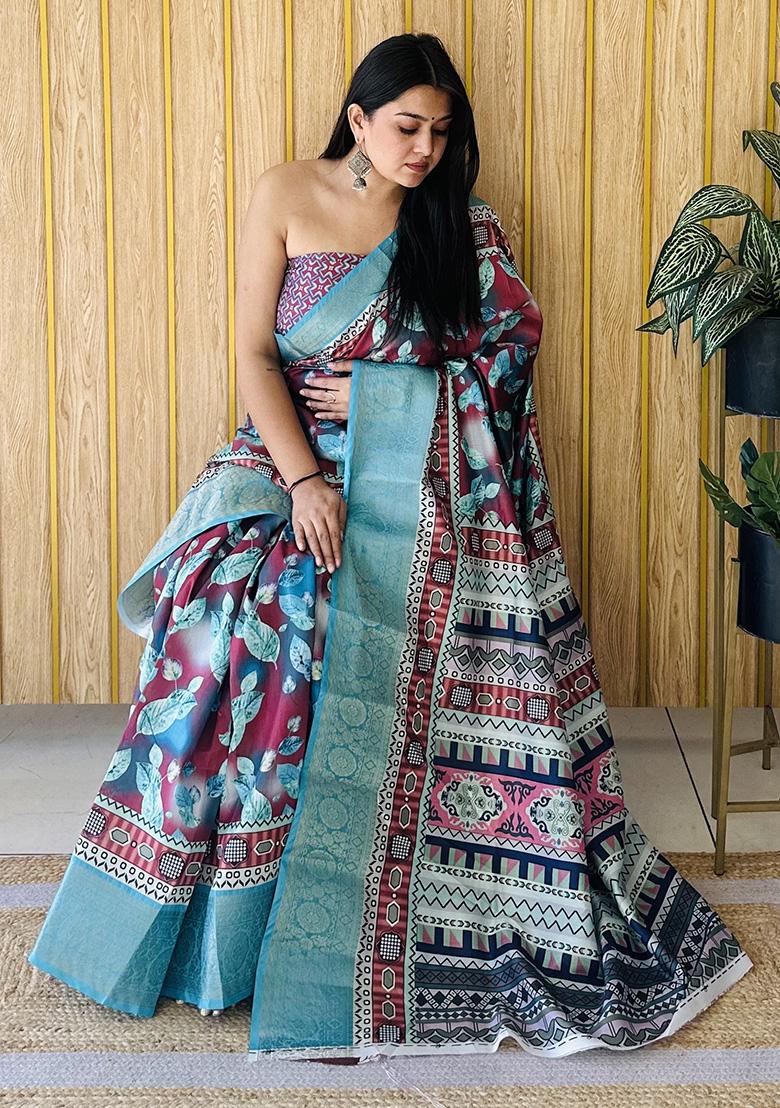 Sky Blue Printed Silk Saree Set