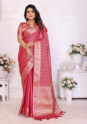 Red Weaving Silk Saree Set