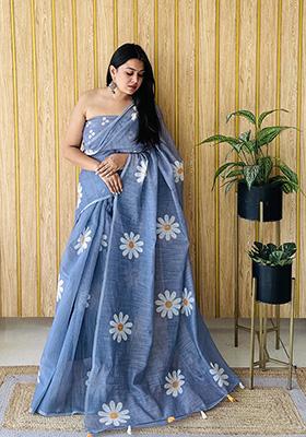 Deep Blue Printed Linen Saree Set