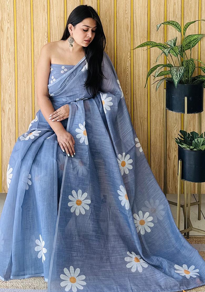 Deep Blue Printed Linen Saree Set