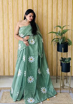 Green Printed Linen Saree Set
