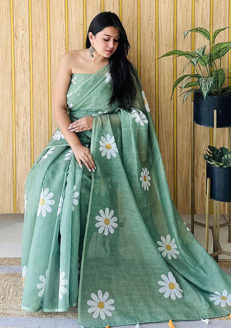 Green Printed Linen Saree Set