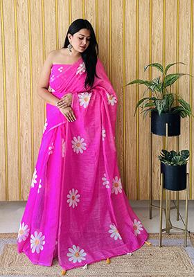 Pink Printed Linen Saree Set