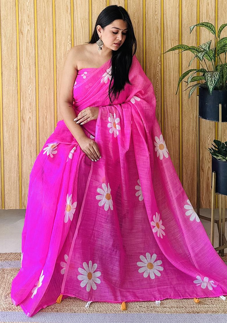 Pink Printed Linen Saree Set