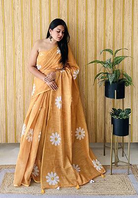 Orange Printed Linen Saree Set