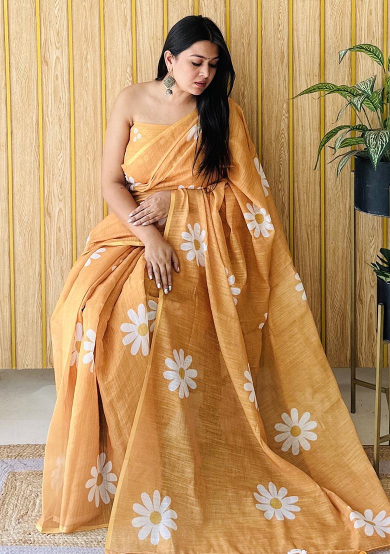 Orange Printed Linen Saree Set